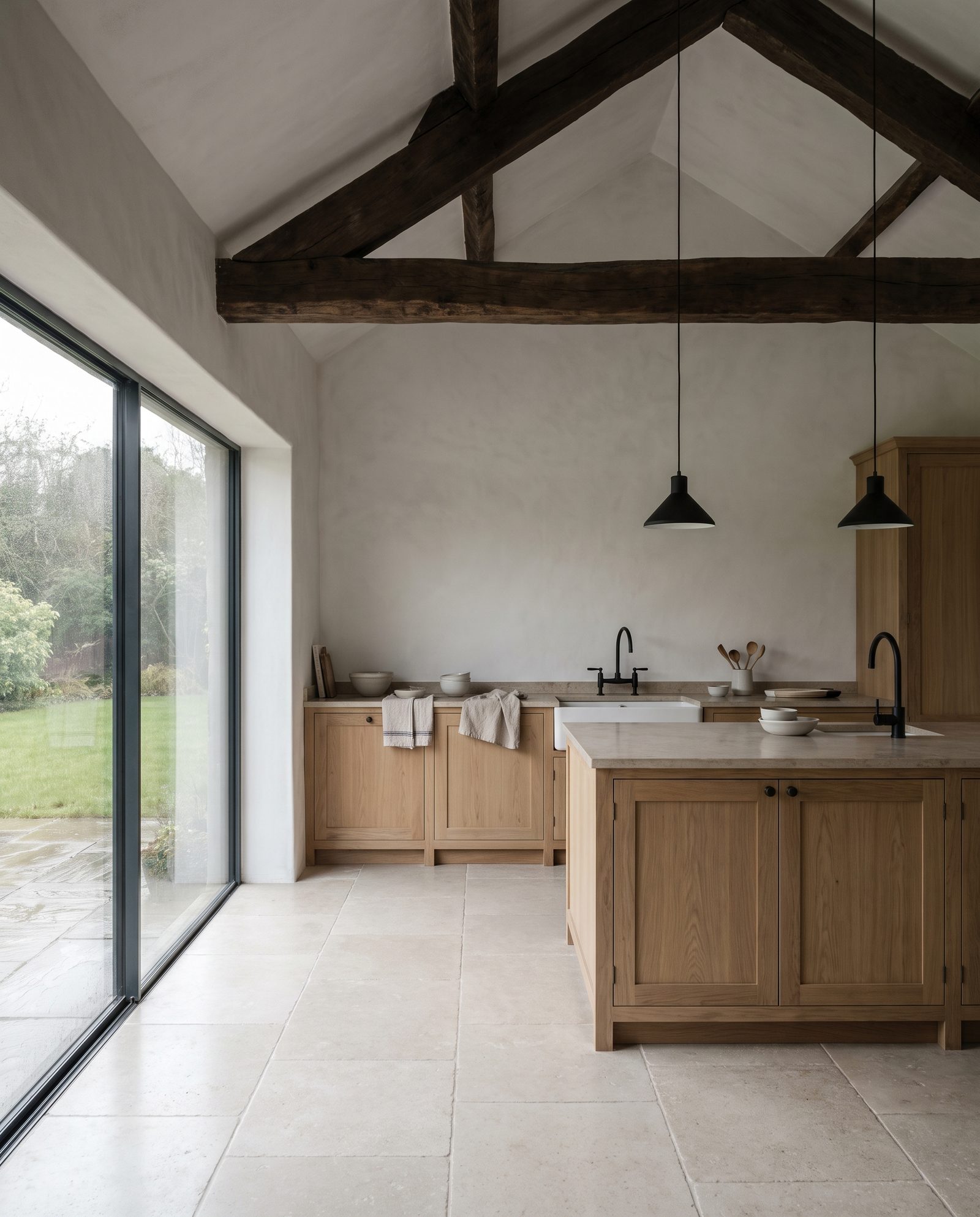 Open-plan kitchen extension with vaulted timber ceiling and wall of glass in a renovated Irish home
